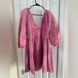 Free People - Pink Denim Puff Sleeve Plunge Mini Dress Size Medium